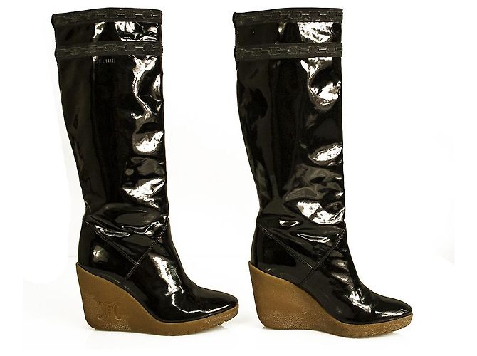 Celine Daoust Céline Celine Schwarzes Lackleder Beige Crepe Wedge Plateaustiefel Schuhe Gr 37 - Ansicht 4