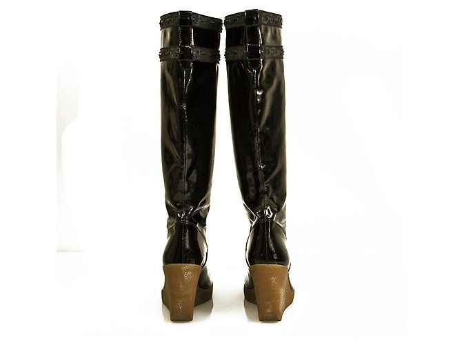 Celine Daoust Céline Celine Schwarzes Lackleder Beige Crepe Wedge Plateaustiefel Schuhe Gr 37 - Ansicht 5