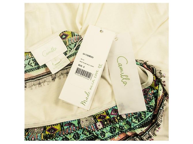 Camilla White Modal Ethnic Beaded Top Boho Oversize T-Shirt Größe S Mehrfarben - Ansicht 3