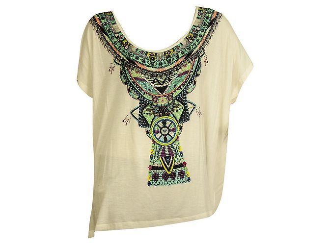 Camilla White Modal Ethnic Beaded Top Boho Oversize T-Shirt Größe S Mehrfarben - Ansicht 8