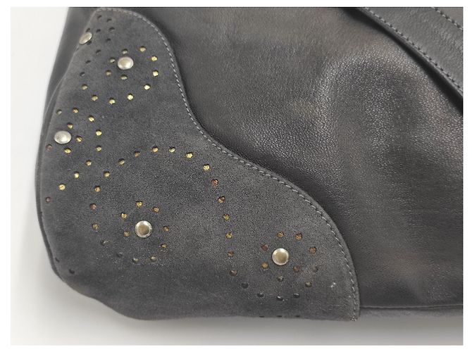 Maud Frizon Leather and suede Cabas shoulder bag Dark grey Dark brown Gold hardware - view 2