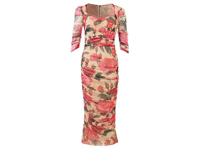 Dolce & Gabbana Robe mi-longue en tulle à col carré et fleurs ref