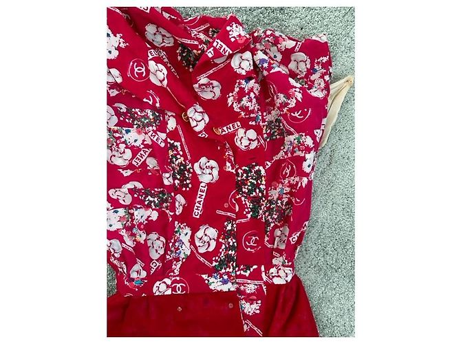 CHANEL Clover Button Flower Seidenkleid Rot - Ansicht 11