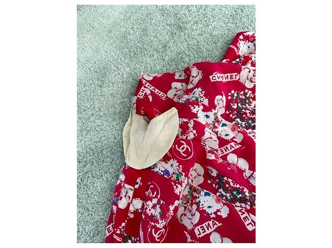 CHANEL Clover Button Flower Seidenkleid Rot - Ansicht 12