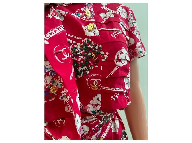 CHANEL Clover Button Flower Seidenkleid Rot - Ansicht 16