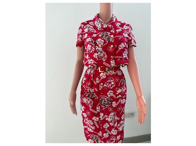 CHANEL Clover Button Flower Seidenkleid Rot - Ansicht 2
