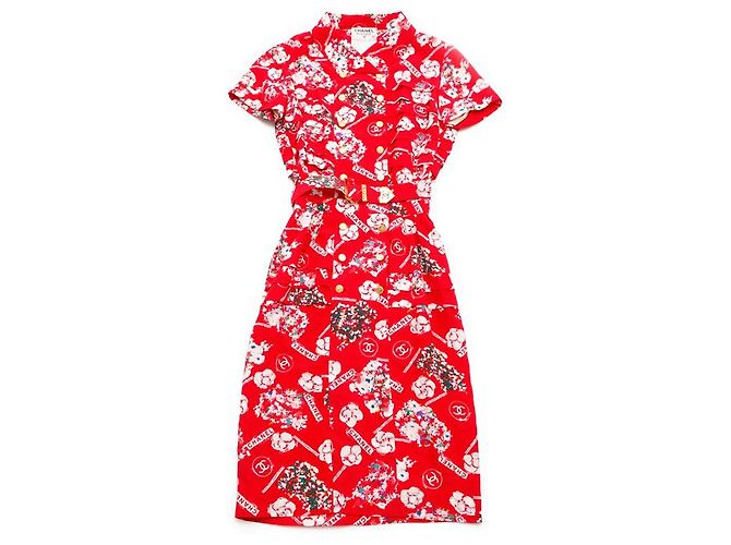 CHANEL Clover Button Flower Seidenkleid Rot - Ansicht 20