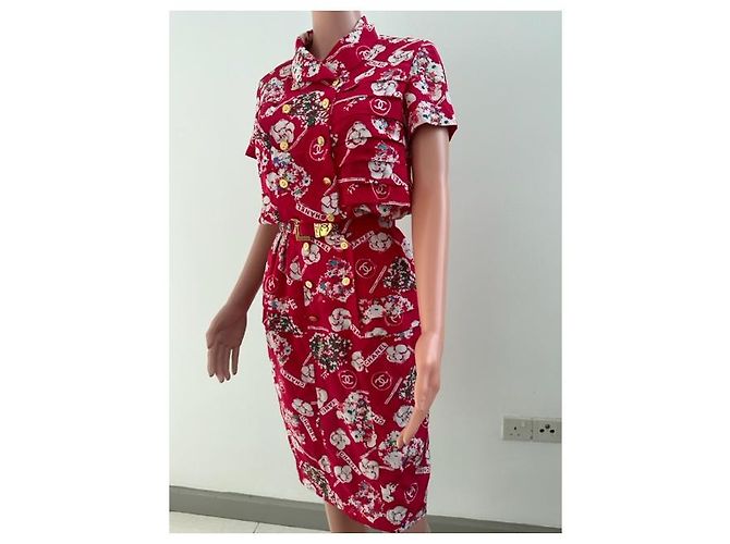 CHANEL Clover Button Flower Seidenkleid Rot - Ansicht 3