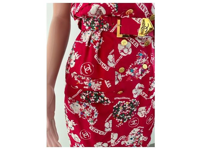CHANEL Clover Button Flower Seidenkleid Rot - Ansicht 4