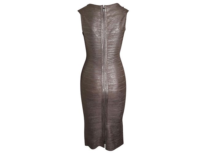 Herve Leger Bandagekleid mit U-Ausschnitt aus Rayon in Metallic-Roségold Braun Pink - Ansicht 3