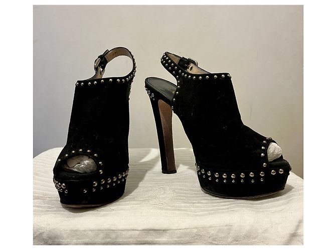 Prada high heeled studded vintage sandals from suede with silver studs Black - view 2