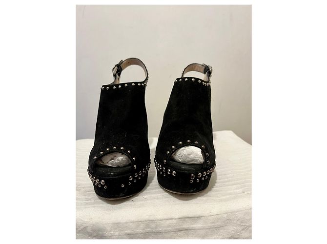 Prada high heeled studded vintage sandals from suede with silver studs Black - view 3