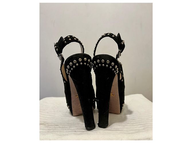 Prada high heeled studded vintage sandals from suede with silver studs Black - view 4