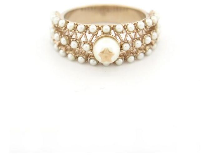 NEUF BAGUE CHRISTIAN DIOR PERLES 52 M METAL DORE NEW PEARLS GOLD STEEL RING - vue 2
