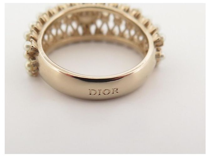 NEUF BAGUE CHRISTIAN DIOR PERLES 52 M METAL DORE NEW PEARLS GOLD STEEL RING - vue 4
