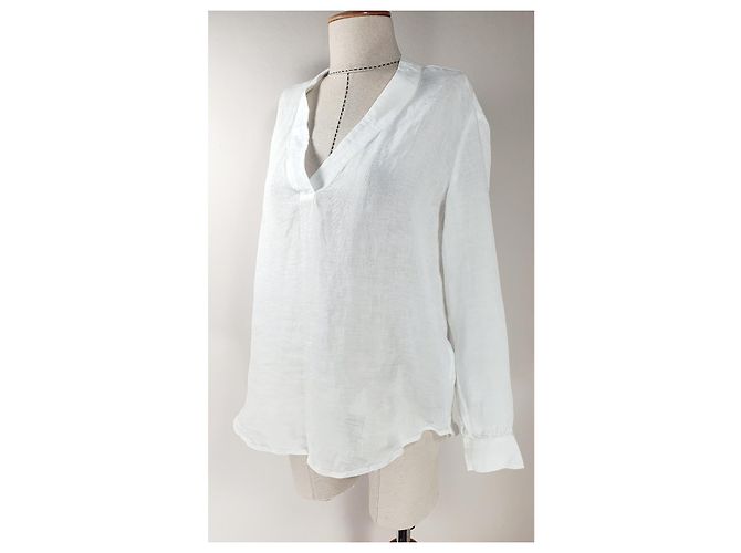 Camicetta 120% LINO in lino bianca con scollo a V e maniche lunghe Bianco - vista 2