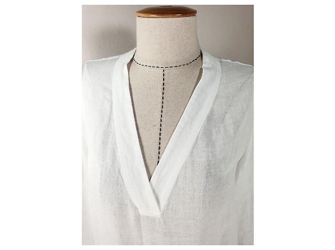 Camicetta 120% LINO in lino bianca con scollo a V e maniche lunghe Bianco - vista 3