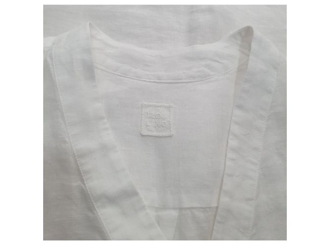 Camicetta 120% LINO in lino bianca con scollo a V e maniche lunghe Bianco - vista 6