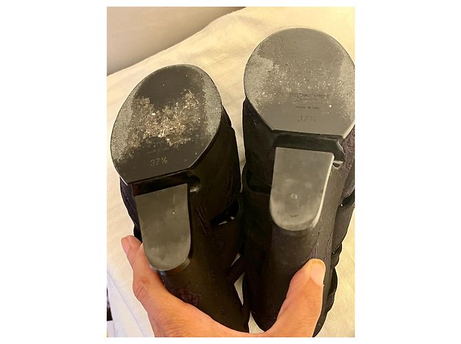 Yves Saint Laurent Tacco a zeppa YSL Tribute in broccato di seta Nero Porpora - vista 4