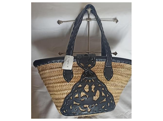 Bolso tote Agnès b. de rafia y piel negra Negro Beige - vista 2