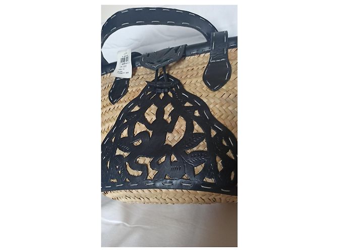 Bolso tote Agnès b. de rafia y piel negra Negro Beige - vista 4
