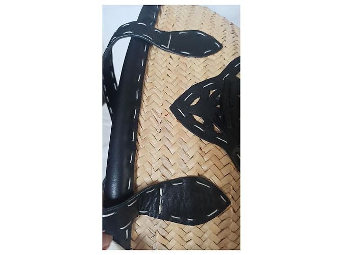 Bolso tote Agnès b. de rafia y piel negra Negro Beige - vista 7
