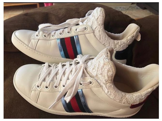 Gucci Tennis donna in pelle bianca con tessuto pizzo primavera estate Bianco - vista 2