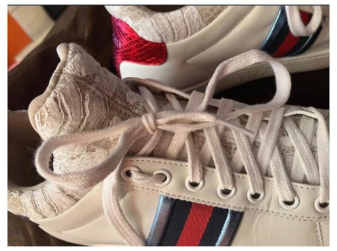 Gucci Tennis donna in pelle bianca con tessuto pizzo primavera estate Bianco - vista 4