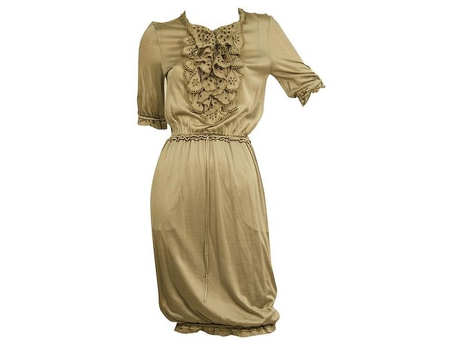 Yves Saint Laurent Midi-Kurzarmkleid aus Viskose-Baumwolle mit Spitzenrüschen, Größe S - Ansicht 9