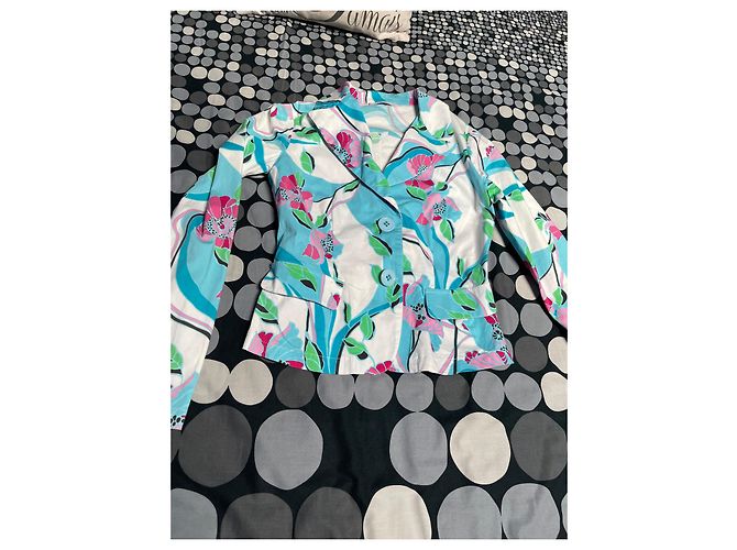Autre Marque Dixie Blumenmuster Taillierte Jacke Weiß Rosa Blau Pink Grün - Ansicht 5