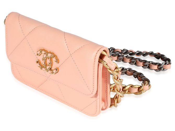 Chanel Hellorange gestepptes Lammleder Chanel 19 Mini-Geldbörse mit Kette - Ansicht 3