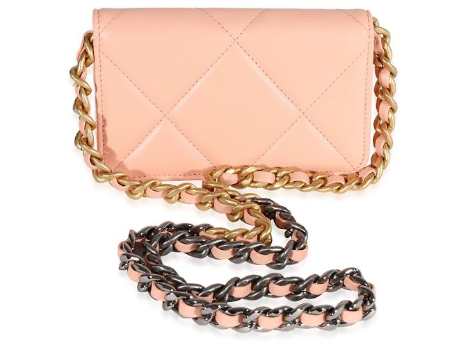 Chanel Hellorange gestepptes Lammleder Chanel 19 Mini-Geldbörse mit Kette - Ansicht 4