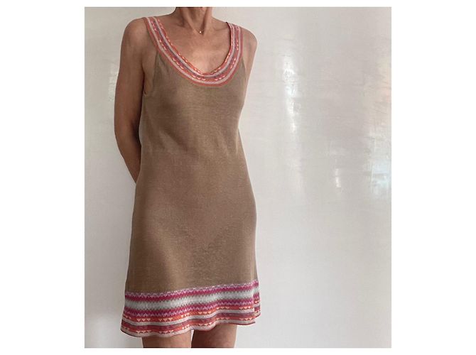 Autre Marque Tunika oder Minikleid in 100% Leinen-Tabak-Beige-Hintergrund und mehrfarbige Kanten T. S-M Pink Orange Hellblau - Ansicht 10