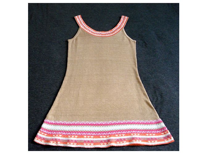 Autre Marque Tunika oder Minikleid in 100% Leinen-Tabak-Beige-Hintergrund und mehrfarbige Kanten T. S-M Pink Orange Hellblau - Ansicht 11