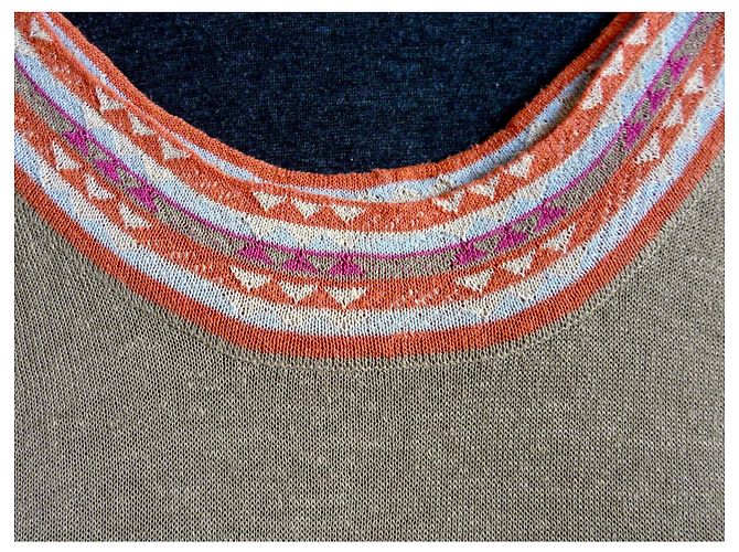 Autre Marque Tunika oder Minikleid in 100% Leinen-Tabak-Beige-Hintergrund und mehrfarbige Kanten T. S-M Pink Orange Hellblau - Ansicht 12