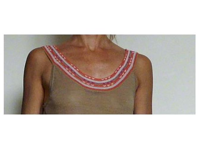 Autre Marque Tunika oder Minikleid in 100% Leinen-Tabak-Beige-Hintergrund und mehrfarbige Kanten T. S-M Pink Orange Hellblau - Ansicht 14