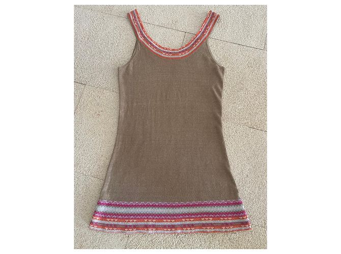 Autre Marque Tunika oder Minikleid in 100% Leinen-Tabak-Beige-Hintergrund und mehrfarbige Kanten T. S-M Pink Orange Hellblau - Ansicht 2
