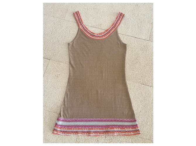 Autre Marque Tunika oder Minikleid in 100% Leinen-Tabak-Beige-Hintergrund und mehrfarbige Kanten T. S-M Pink Orange Hellblau - Ansicht 3