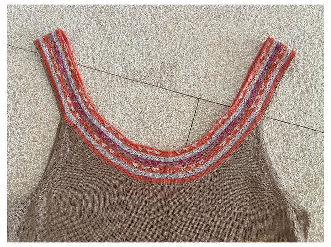 Autre Marque Tunika oder Minikleid in 100% Leinen-Tabak-Beige-Hintergrund und mehrfarbige Kanten T. S-M Pink Orange Hellblau - Ansicht 4