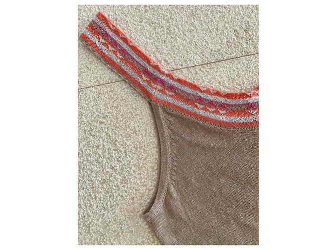 Autre Marque Tunika oder Minikleid in 100% Leinen-Tabak-Beige-Hintergrund und mehrfarbige Kanten T. S-M Pink Orange Hellblau - Ansicht 6