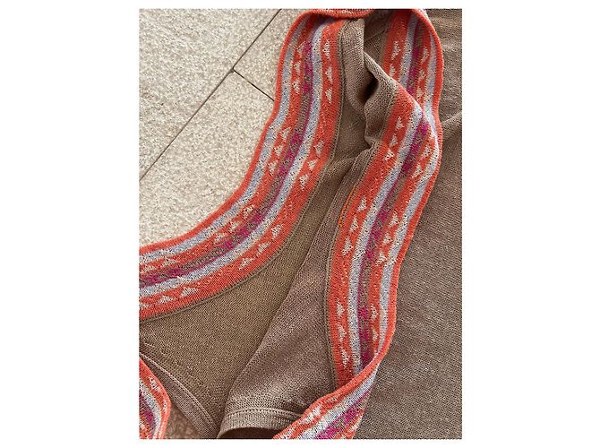 Autre Marque Tunika oder Minikleid in 100% Leinen-Tabak-Beige-Hintergrund und mehrfarbige Kanten T. S-M Pink Orange Hellblau - Ansicht 7