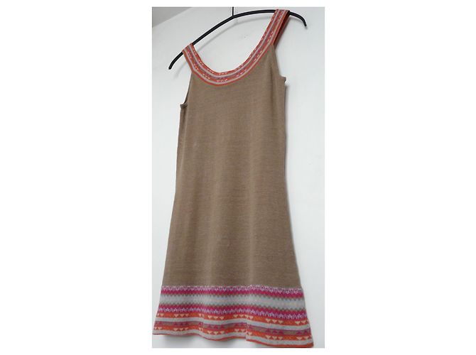 Autre Marque Tunika oder Minikleid in 100% Leinen-Tabak-Beige-Hintergrund und mehrfarbige Kanten T. S-M Pink Orange Hellblau - Ansicht 8