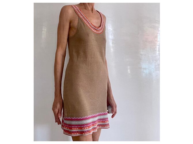 Autre Marque Tunika oder Minikleid in 100% Leinen-Tabak-Beige-Hintergrund und mehrfarbige Kanten T. S-M Pink Orange Hellblau - Ansicht 9