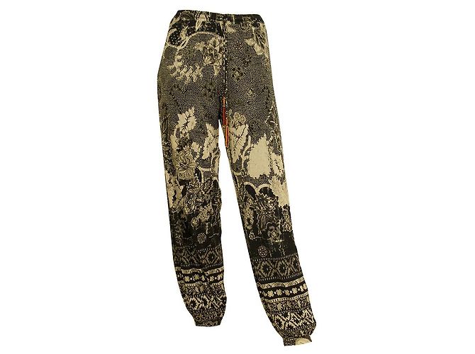 Fuzzi Pantalón de verano negro y beige floral cintura y puños elásticos talla S Gris antracita - vista 7