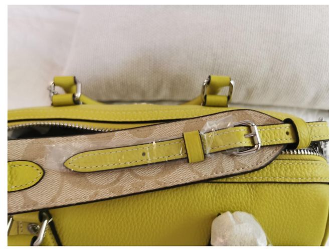 Coach Handtasche aus Canvas und genarbtem Leder Khaki Beige Grün Gelb Silber Hardware - Ansicht 13