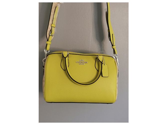 Coach Handtasche aus Canvas und genarbtem Leder Khaki Beige Grün Gelb Silber Hardware - Ansicht 15