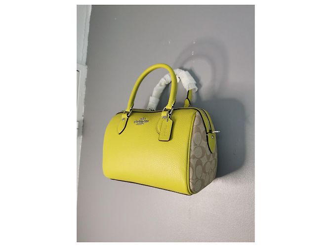 Coach Handtasche aus Canvas und genarbtem Leder Khaki Beige Grün Gelb Silber Hardware - Ansicht 4