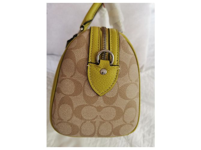 Coach Handtasche aus Canvas und genarbtem Leder Khaki Beige Grün Gelb Silber Hardware - Ansicht 8