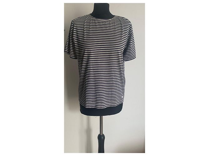 T-shirt a righe in cotone Courreges Bianca e Blu Bianco Blu navy - vista 4