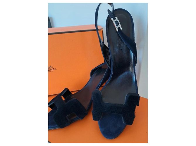 Hermès Sandali da notte 9 Visone rasato Nero Blu navy - vista 4